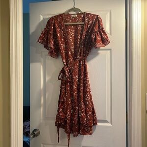 Max Studios Orange Floral Wrap Dress with Flutter Sleeves